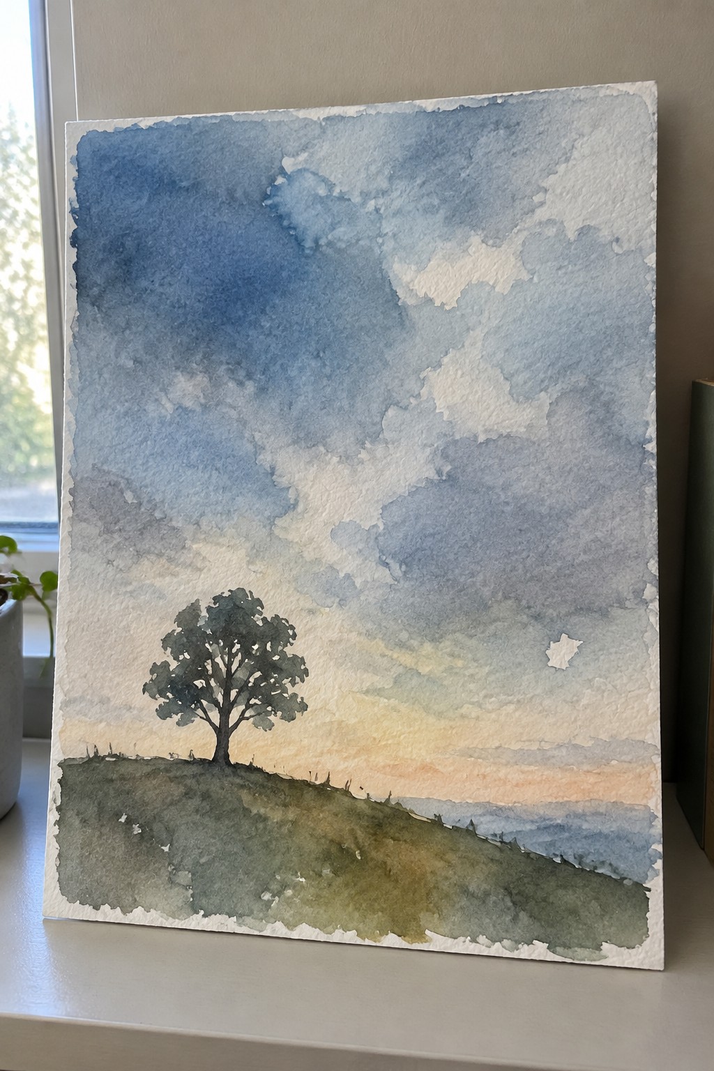 Watercolor of lone tree on grassy hill beneath vast blue cloudy sky with sunset glow.