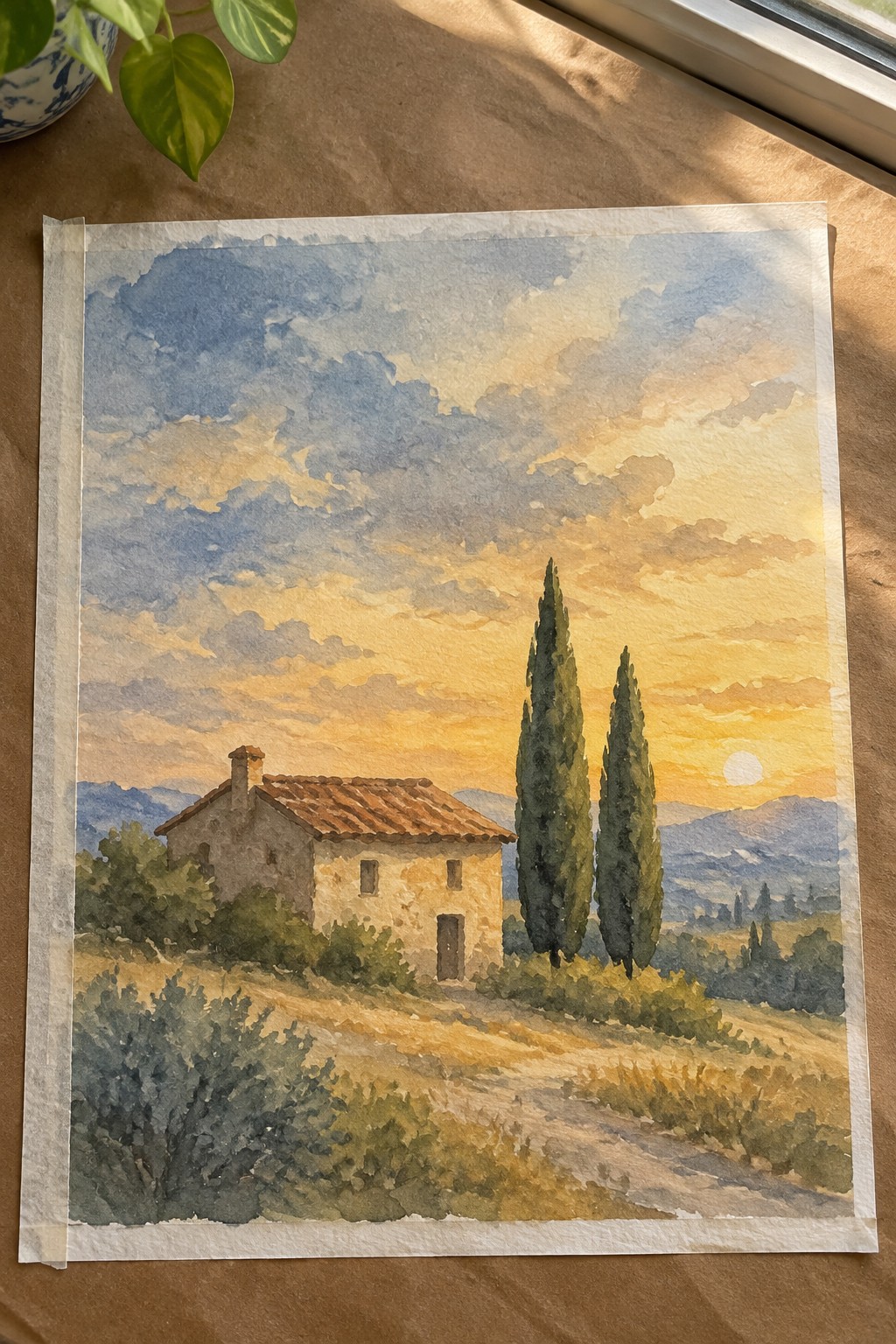 Watercolor of stone house, cypress trees, and sunset over Tuscan hills