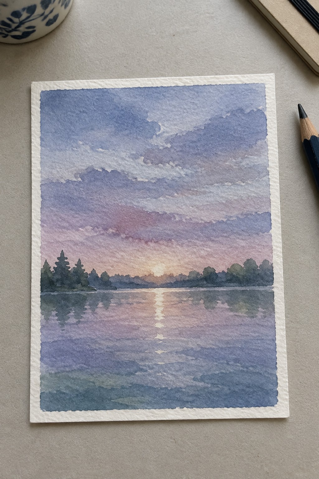 Watercolor sunset over lake with purple clouds, glowing reflections, and silhouetted trees