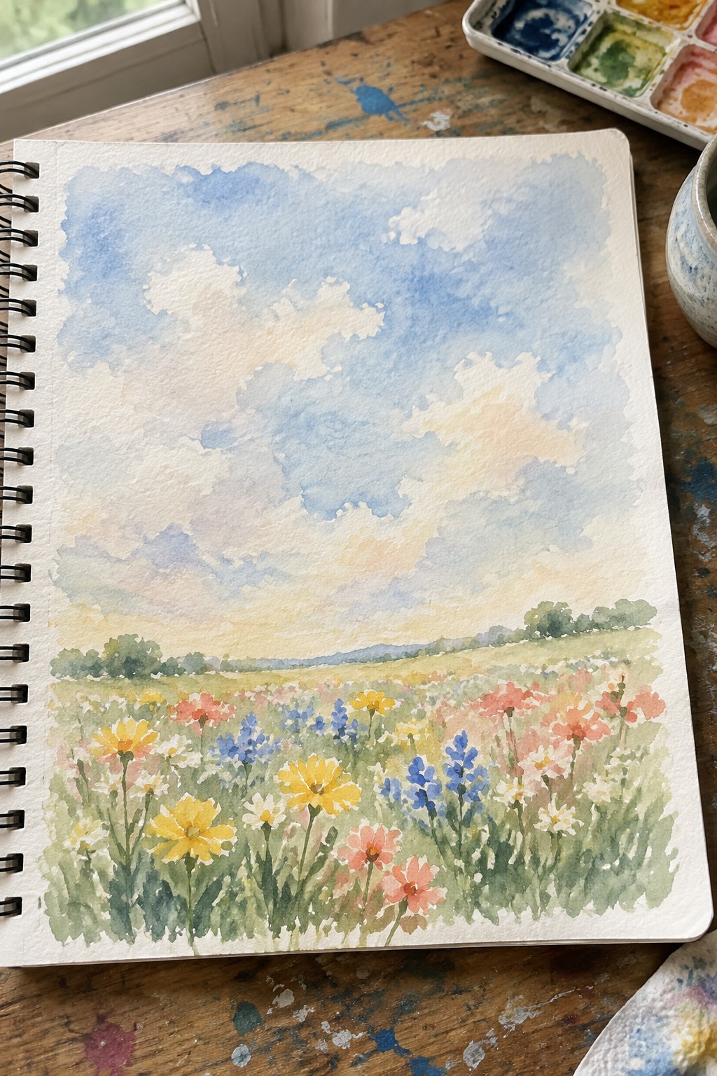 Watercolor painting of colorful wildflower meadow under blue sky in open sketchbook