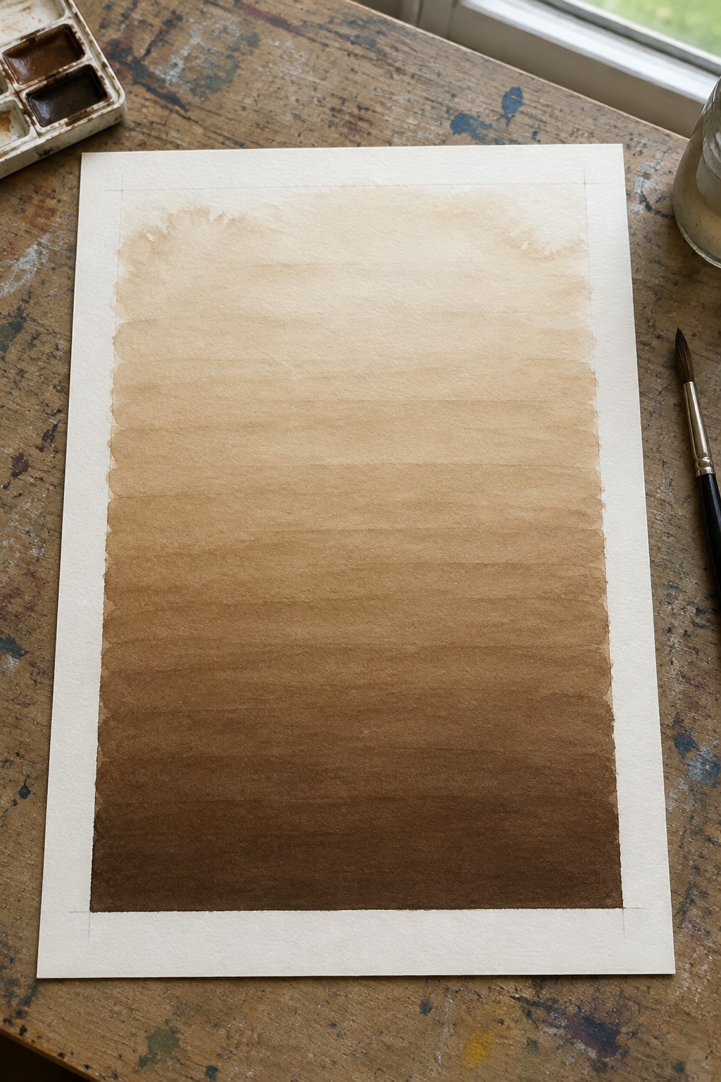 Brown watercolor gradient wash on paper atop wooden table with palette and brush nearby