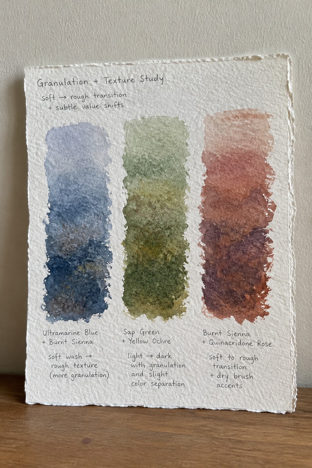Three vertical watercolor swatches showing blue, green, and reddish granulation textures with notes