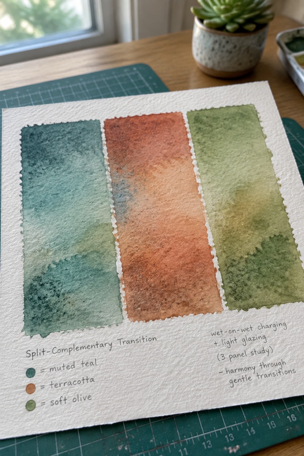 Watercolor split-complementary study with teal, terracotta, and olive gradient panels on paper