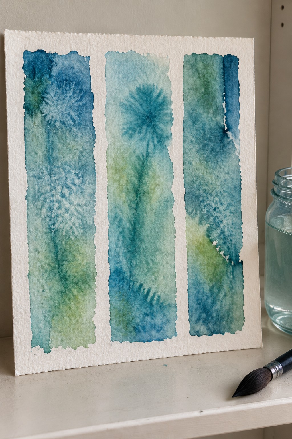 Watercolor painting of three blue-green vertical tree panels with jar and brush nearby.