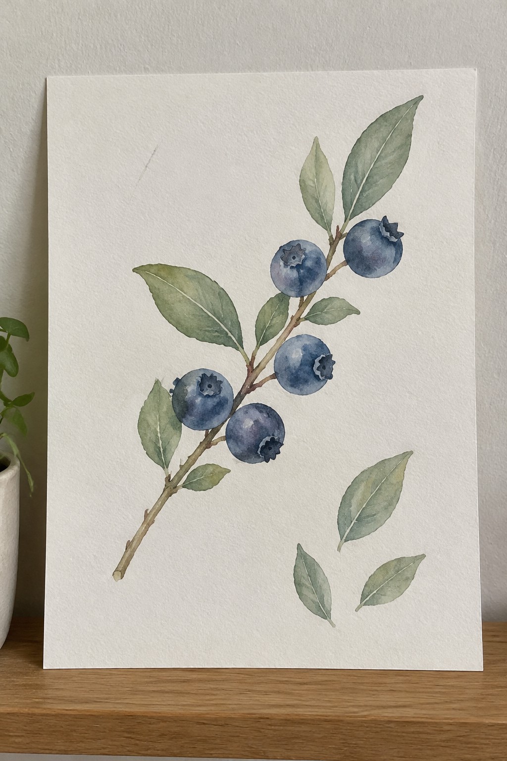 Watercolor painting of blueberry branch with blue berries and green leaves on paper