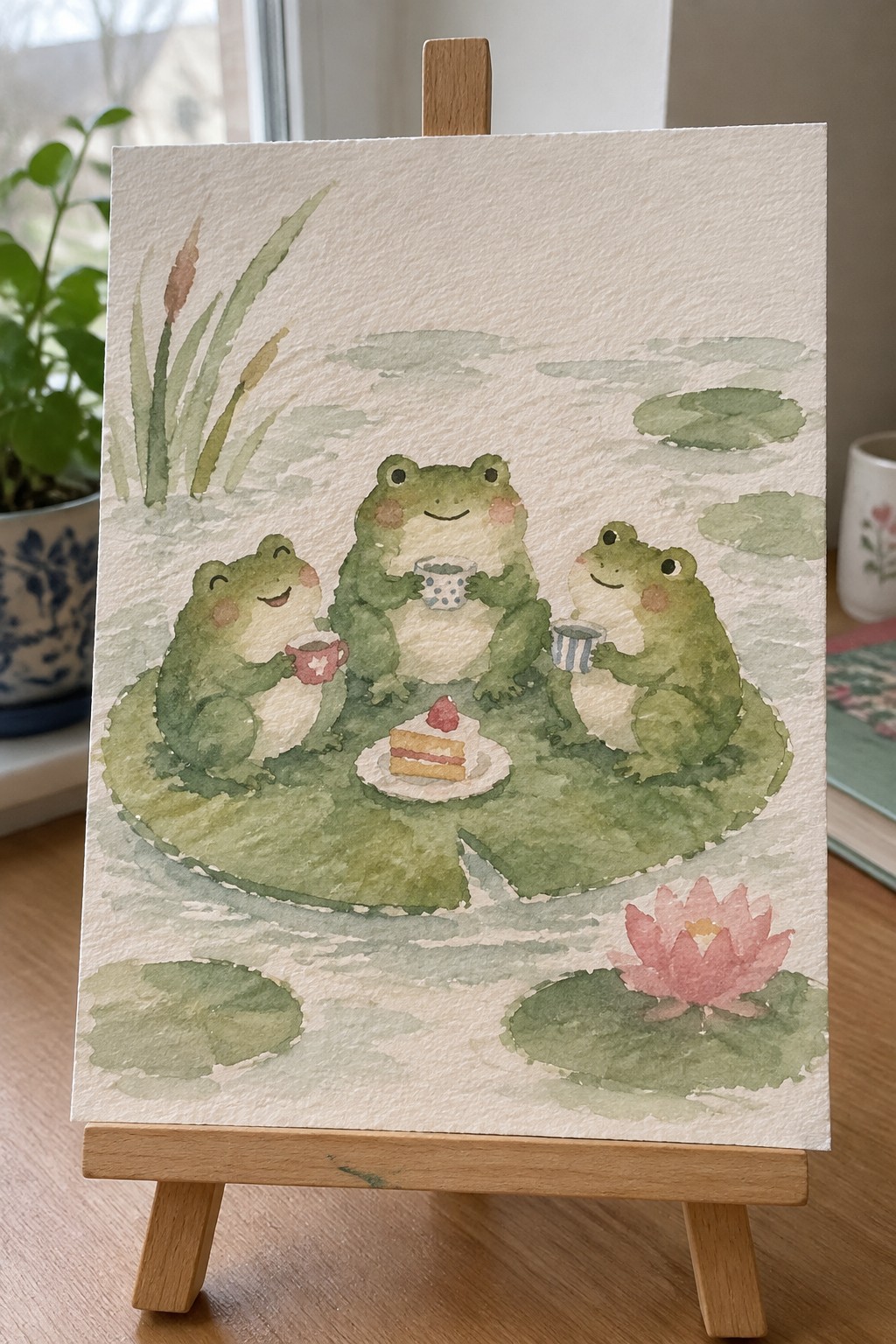 Watercolor of three smiling frogs with teacups and cake on a lily pad.