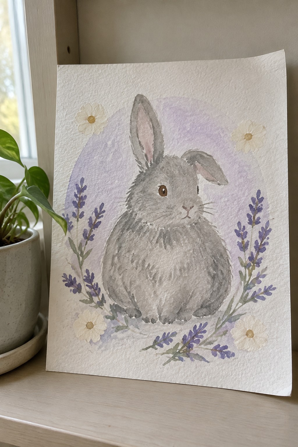 A watercolor painting of a gray rabbit with lavender sprigs and white daisies arranged around it on a soft purple background wash.