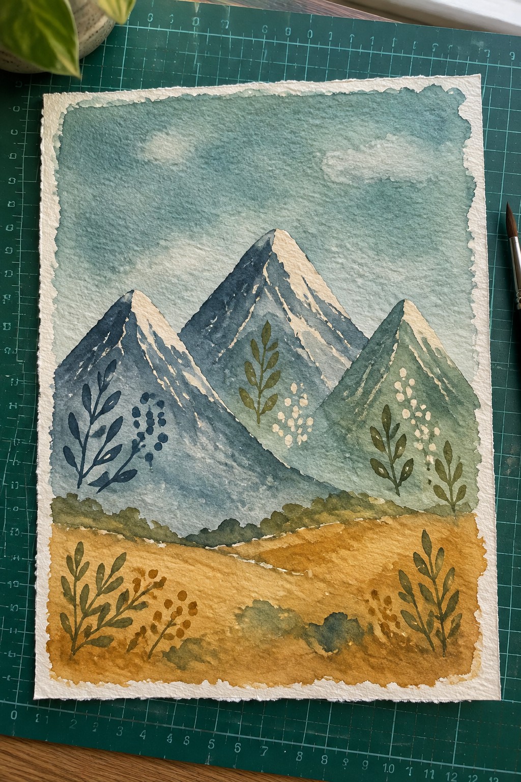 Watercolor painting of snow-capped blue mountains above golden field with plants on green mat