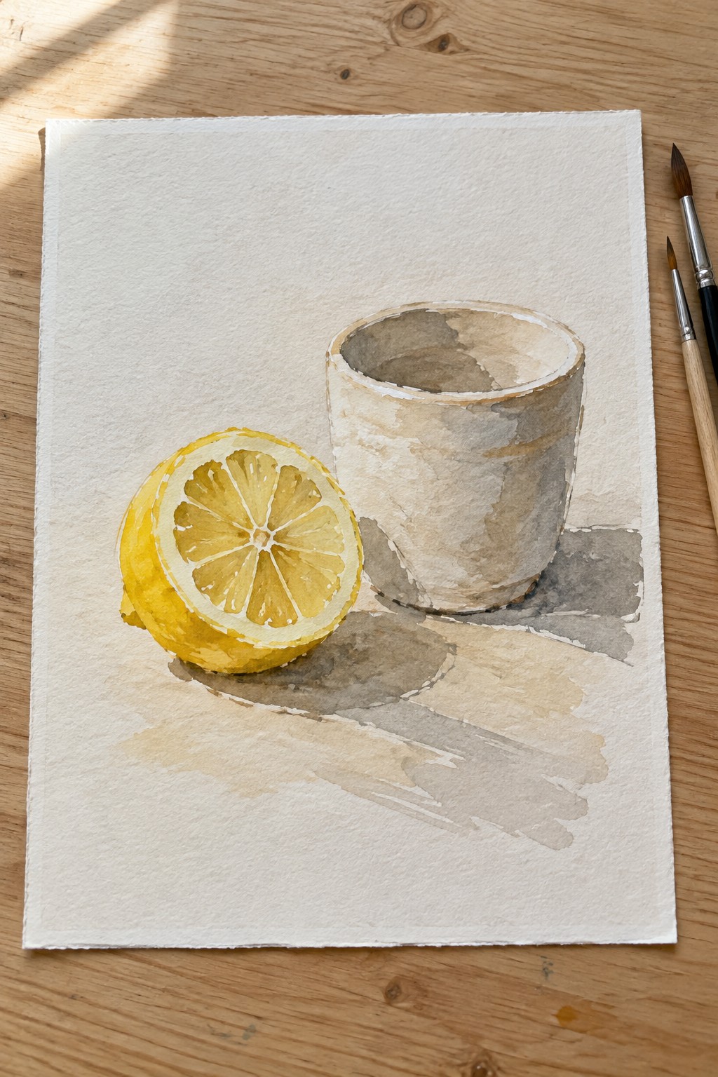 Watercolor still life of halved lemon beside a ceramic cup on paper with brushes