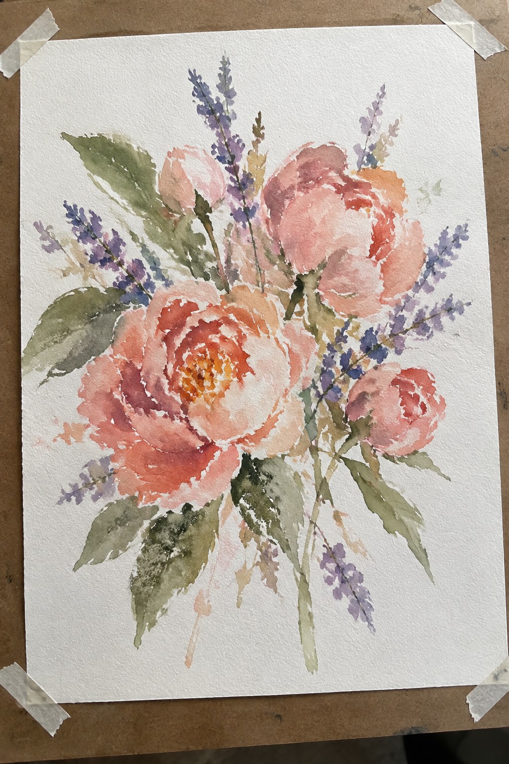 Watercolor painting of coral peonies, purple lavender, and green leaves on white paper