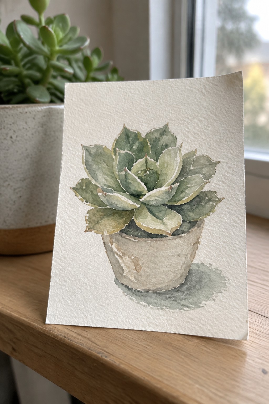 Watercolor painting of a green succulent in a beige pot on wood