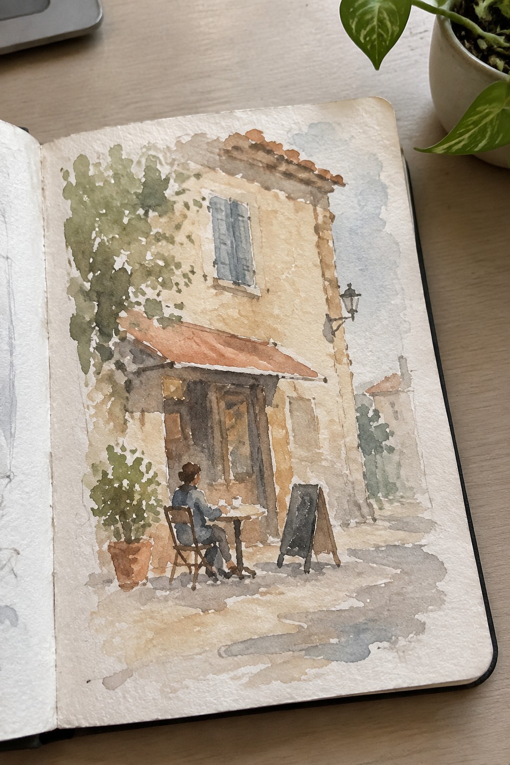 Open sketchbook displaying watercolor of person at outdoor cafe table by building with blue shutters.
