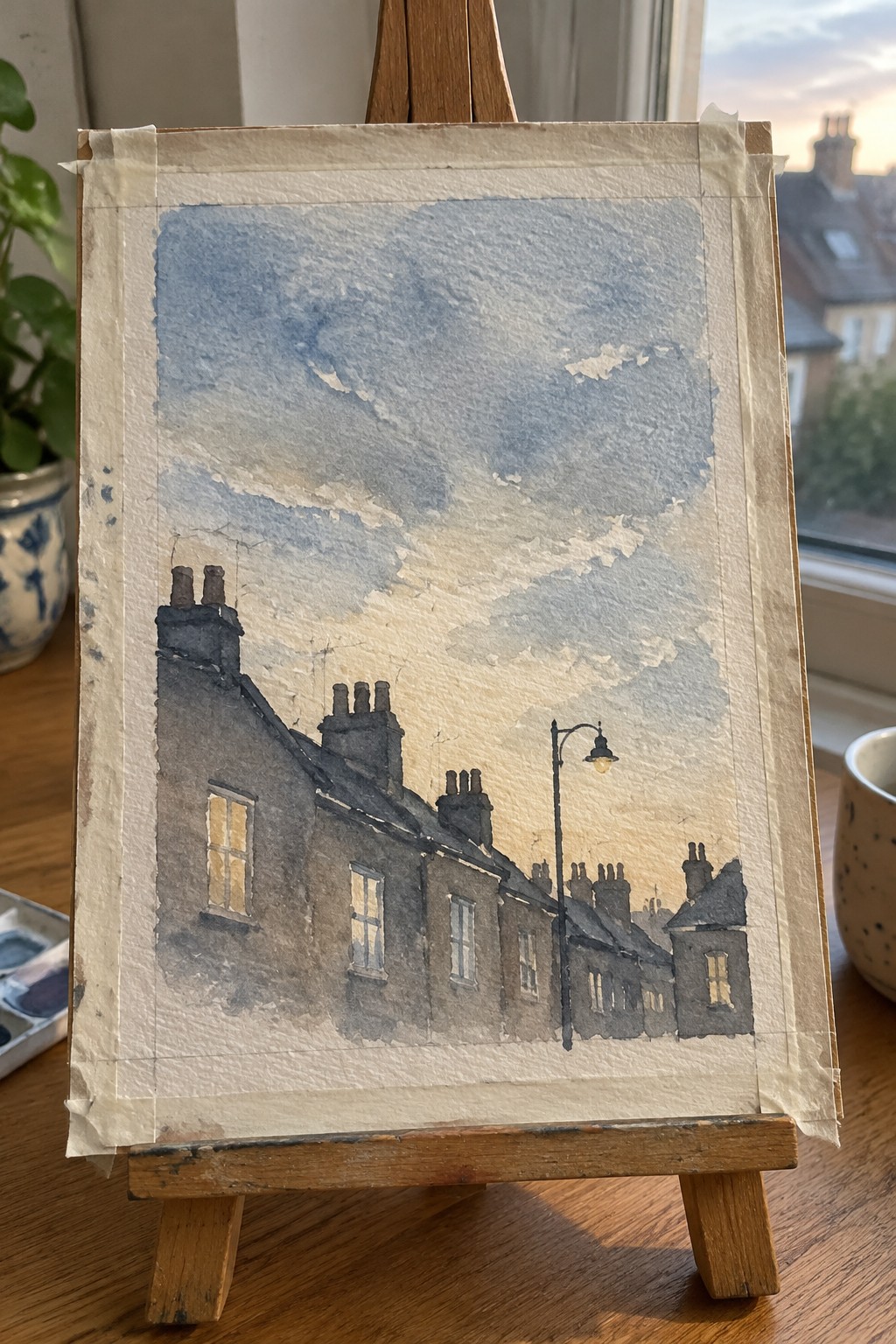 Watercolor of row houses with chimneys and a street lamp under a blue and yellow sky on an easel.