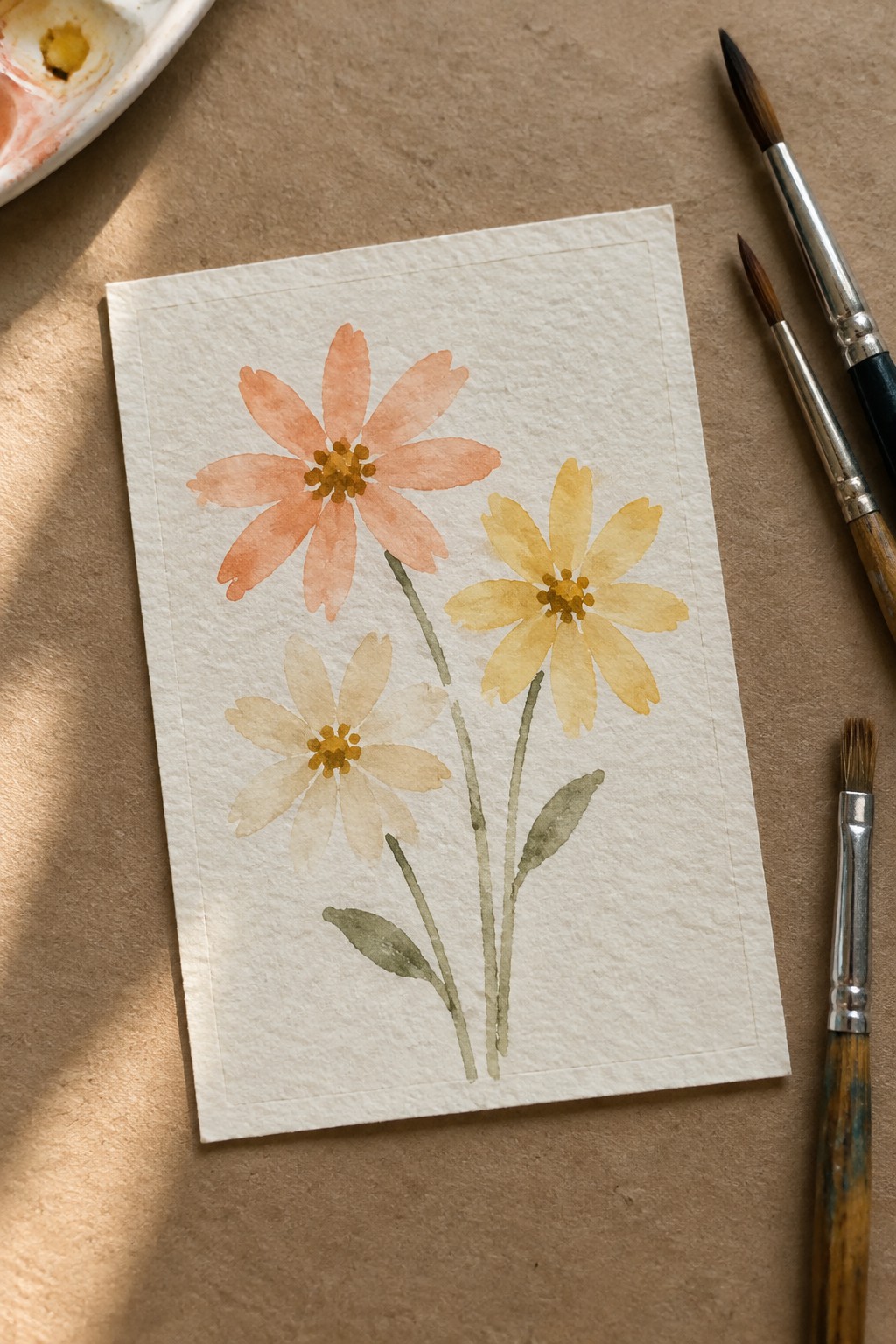Watercolor painting of three flowers with paintbrushes and palette on brown surface