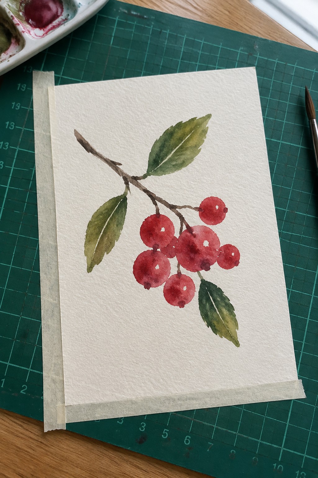 Watercolor of red berries and leaves on branch, taped to green gridded mat with brush nearby
