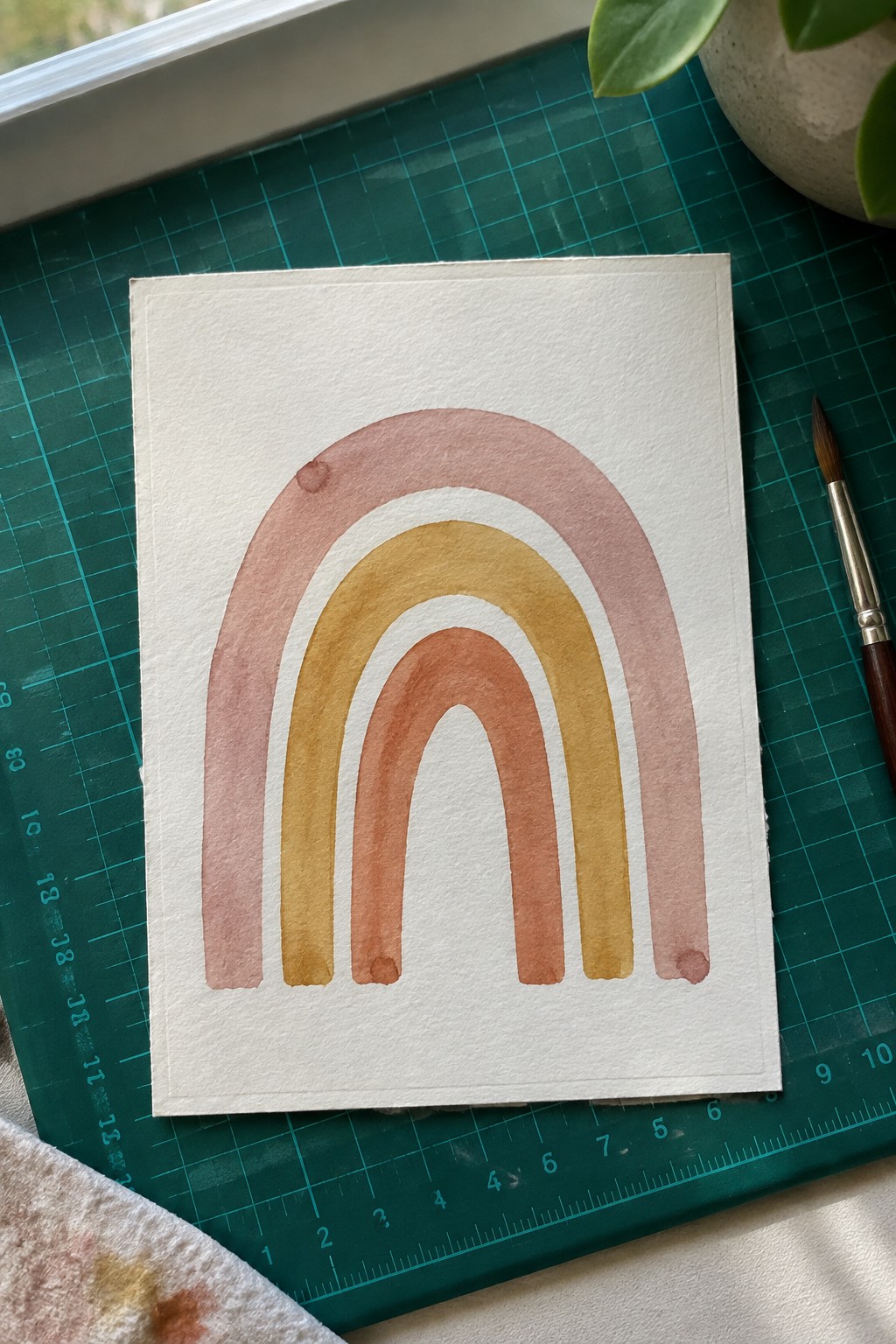 Watercolor rainbow in pink, yellow, and orange arches on paper over green cutting mat