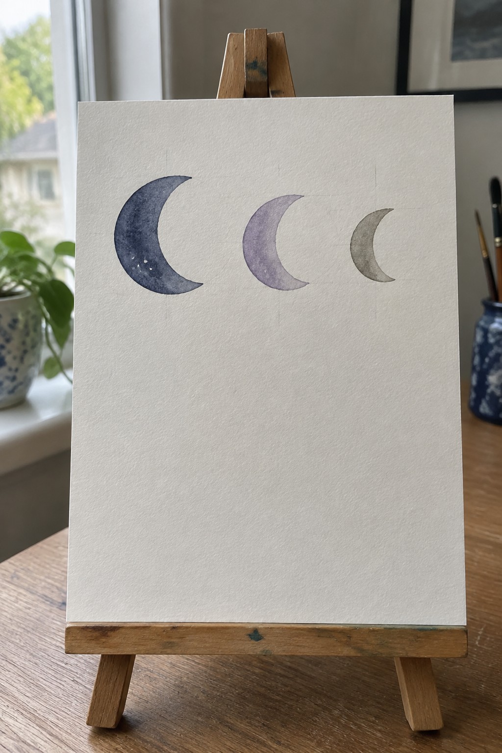 Three watercolor crescent moons in dark blue, purple, and gray tones painted in a horizontal row on white paper.