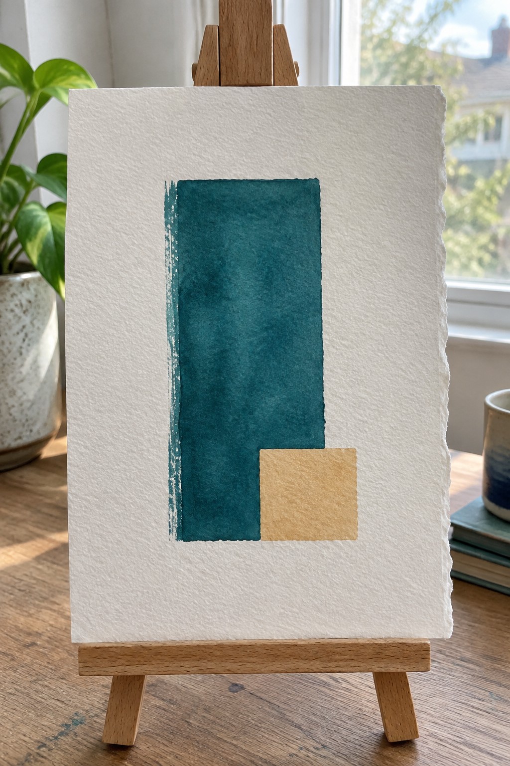 A minimalist watercolor painting with a tall teal rectangle and a smaller tan square overlapping at the bottom right on white paper.