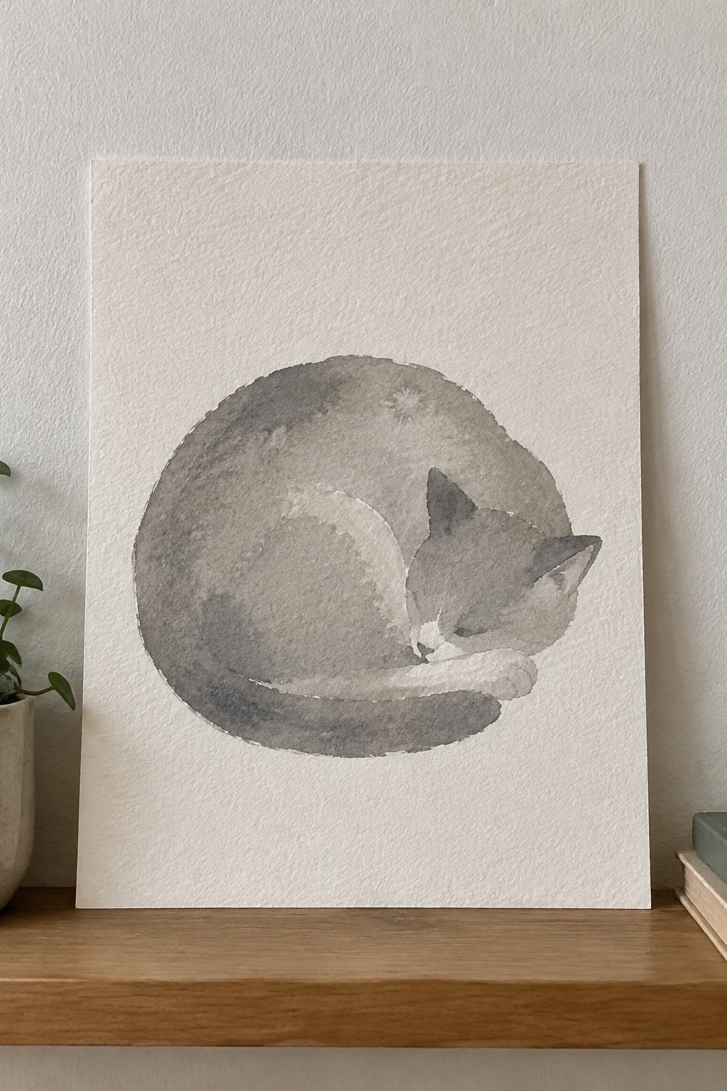 A minimalist watercolor of a gray cat curled tightly asleep on white paper, painted with soft blended washes and visible texture.