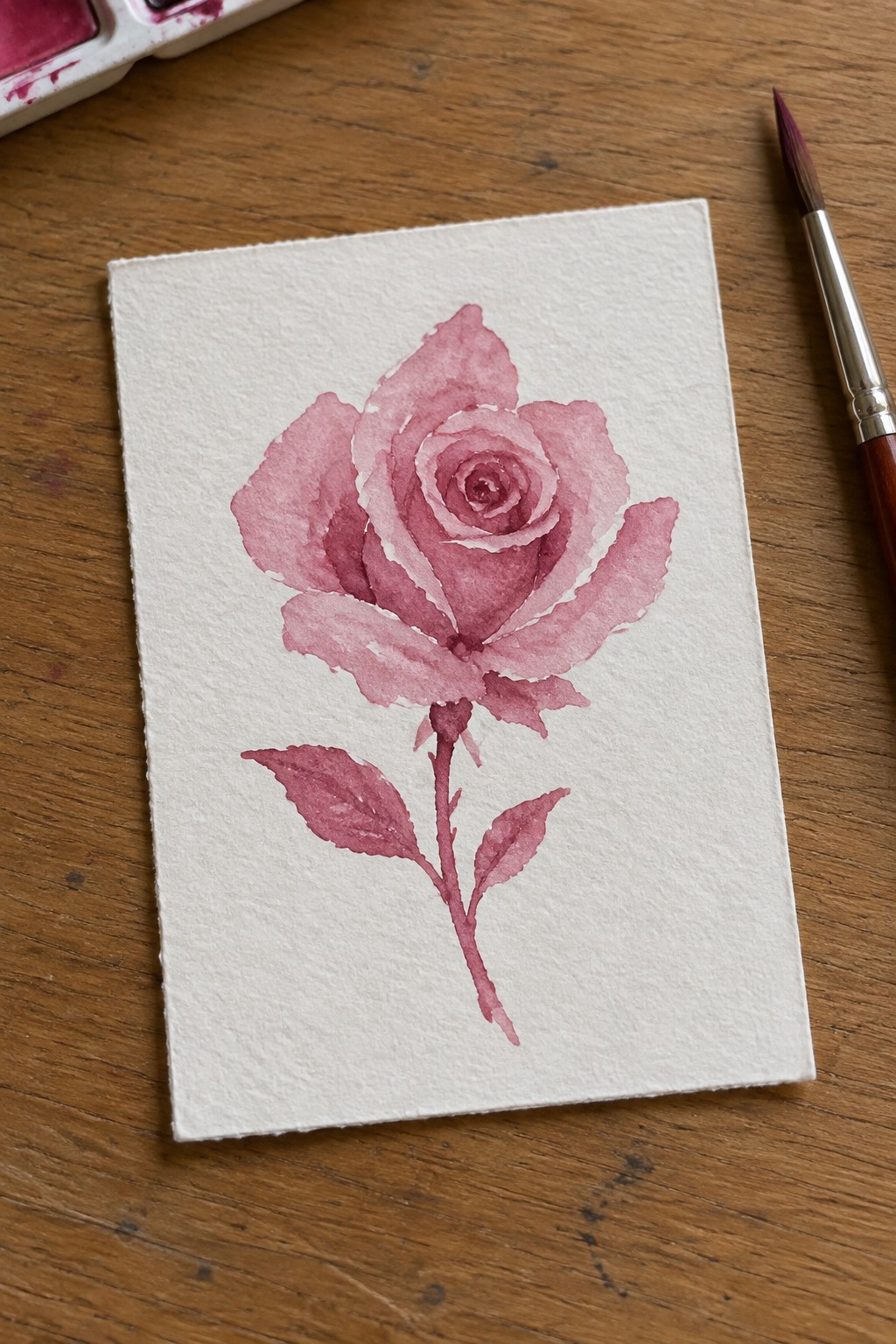 Watercolor painting of a blooming pink rose on white paper beside a brush.