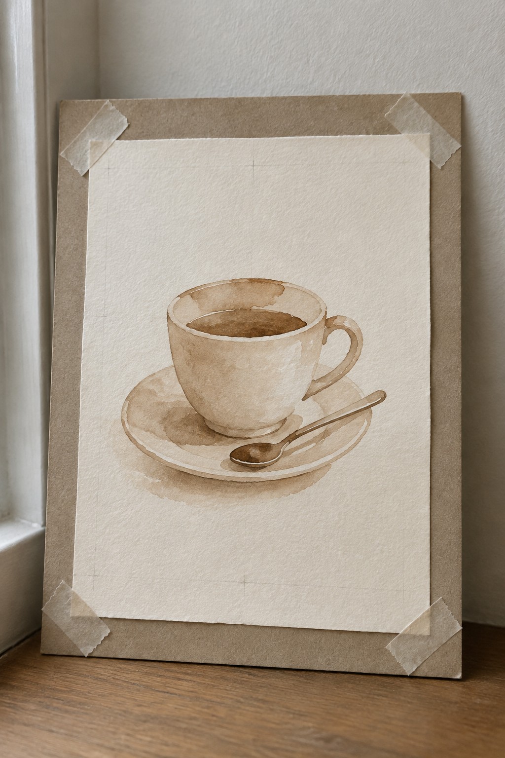 Sepia watercolor of teacup with saucer and spoon, taped to cardboard board