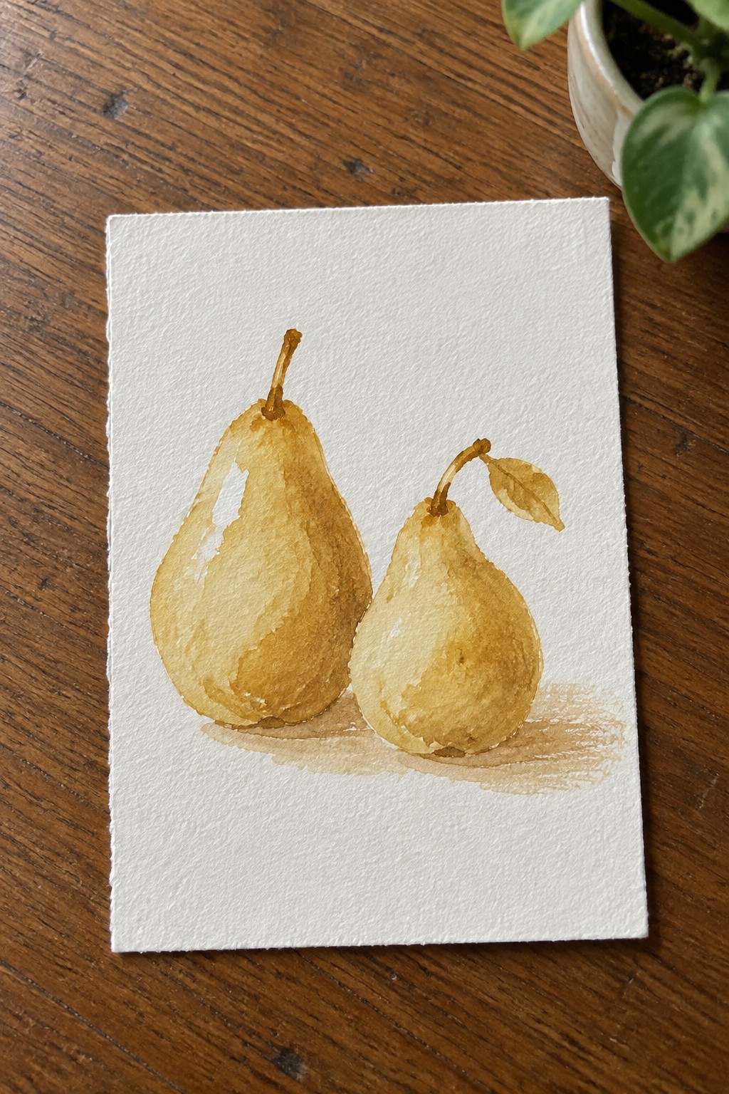 Watercolor painting of two golden-brown pears on white paper over wood