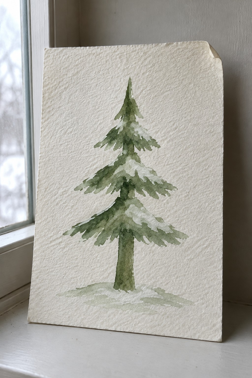 Watercolor pine tree with snow patches on textured paper by windowsill