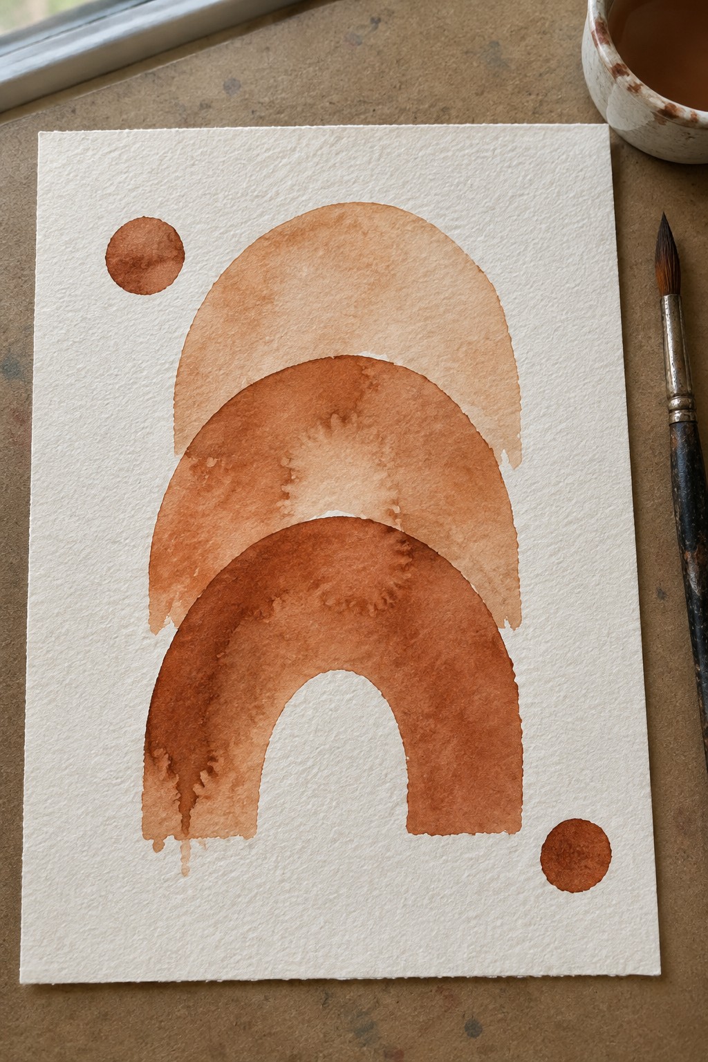 Nested brown watercolor arches and dots on textured paper beside paintbrush and cup