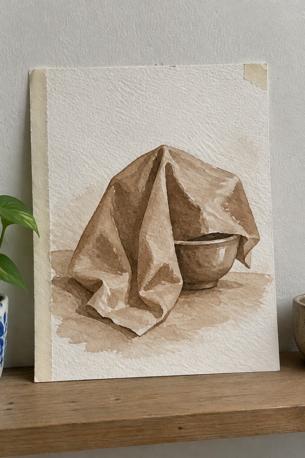 Brown watercolor still life of draped cloth over a ceramic bowl on a table