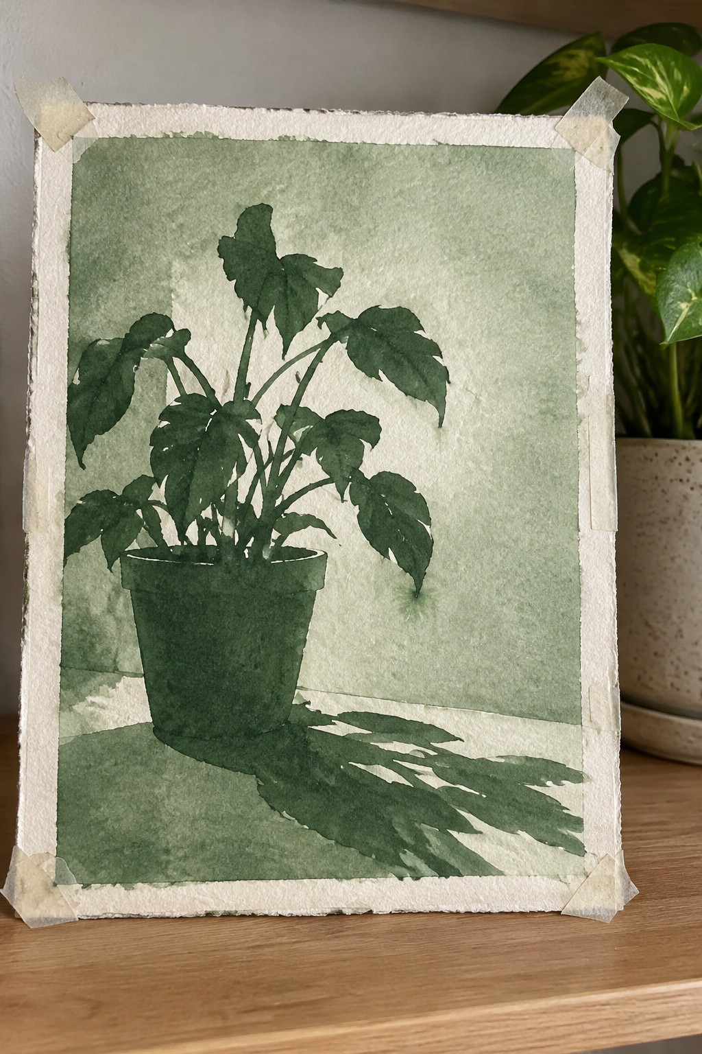 Watercolor painting of potted plant taped at corners on wooden surface with real plant nearby
