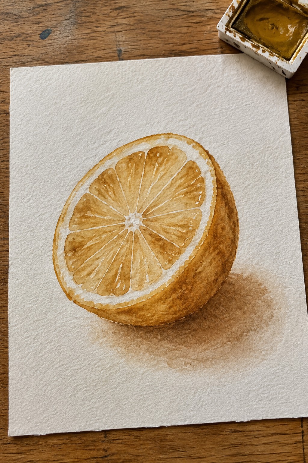 Watercolor of halved lemon with segments on paper beside open brown paint on wooden table