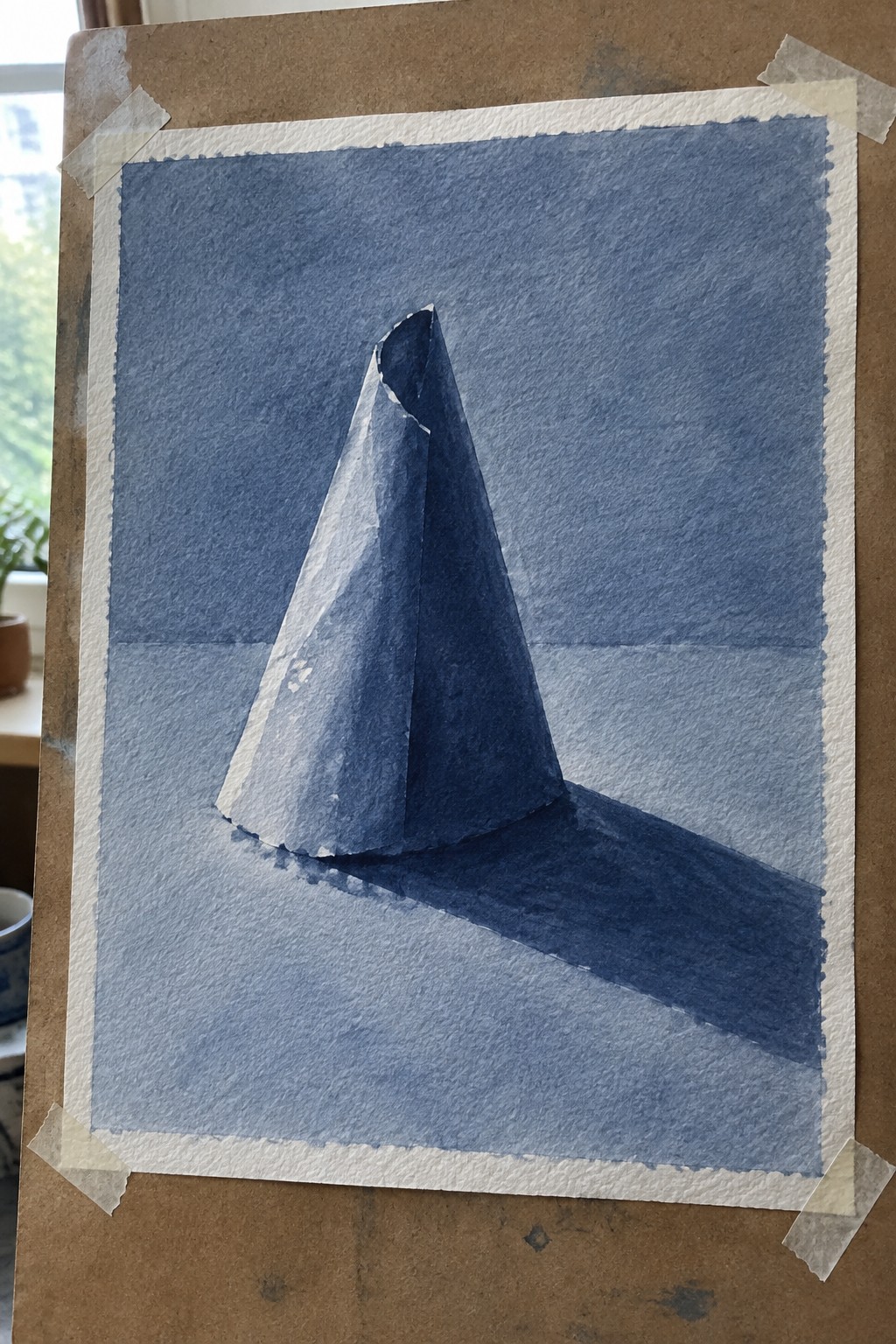 Blue watercolor of a cone casting a long shadow on paper