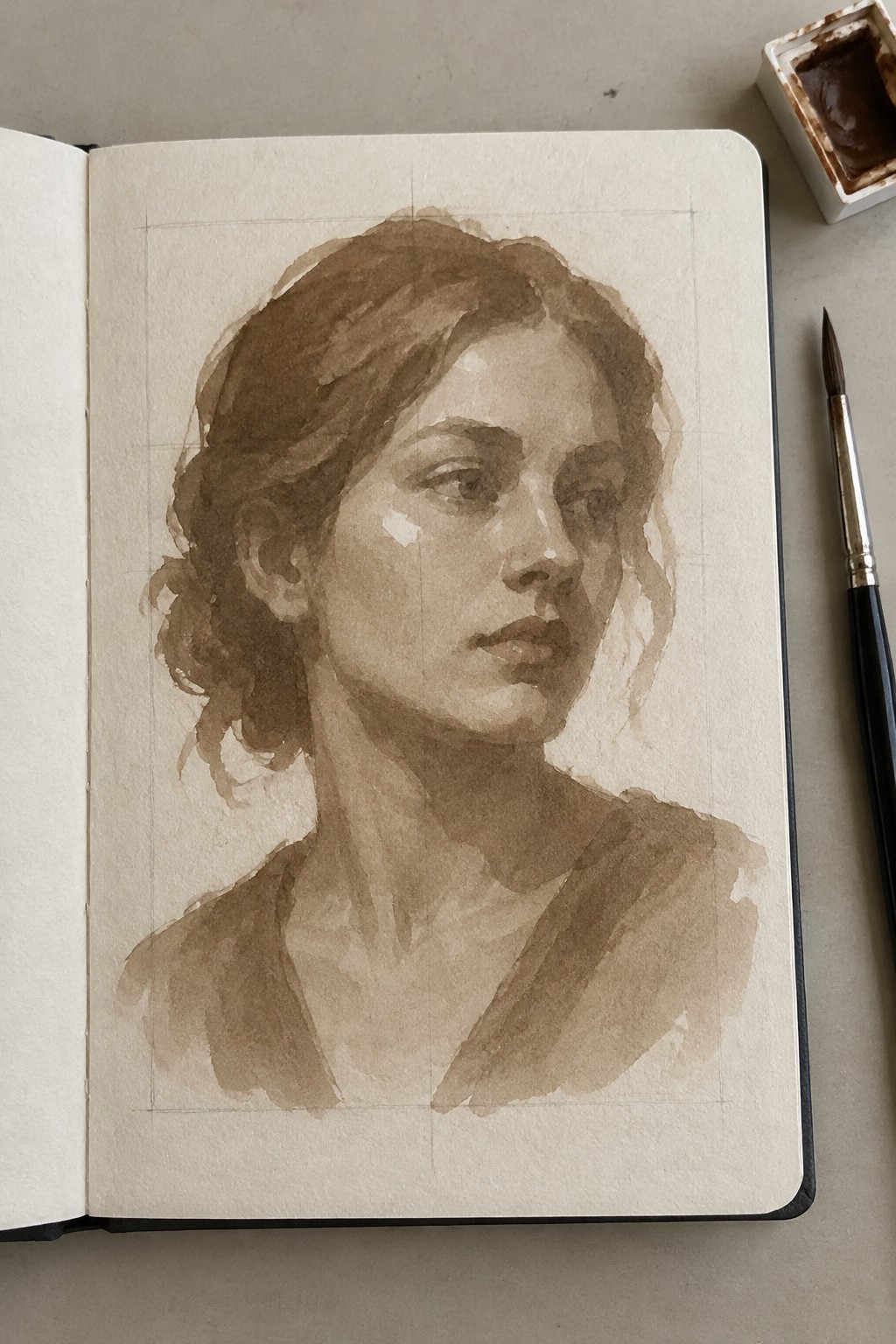 Sepia watercolor portrait of a woman in an open sketchbook beside a brush.