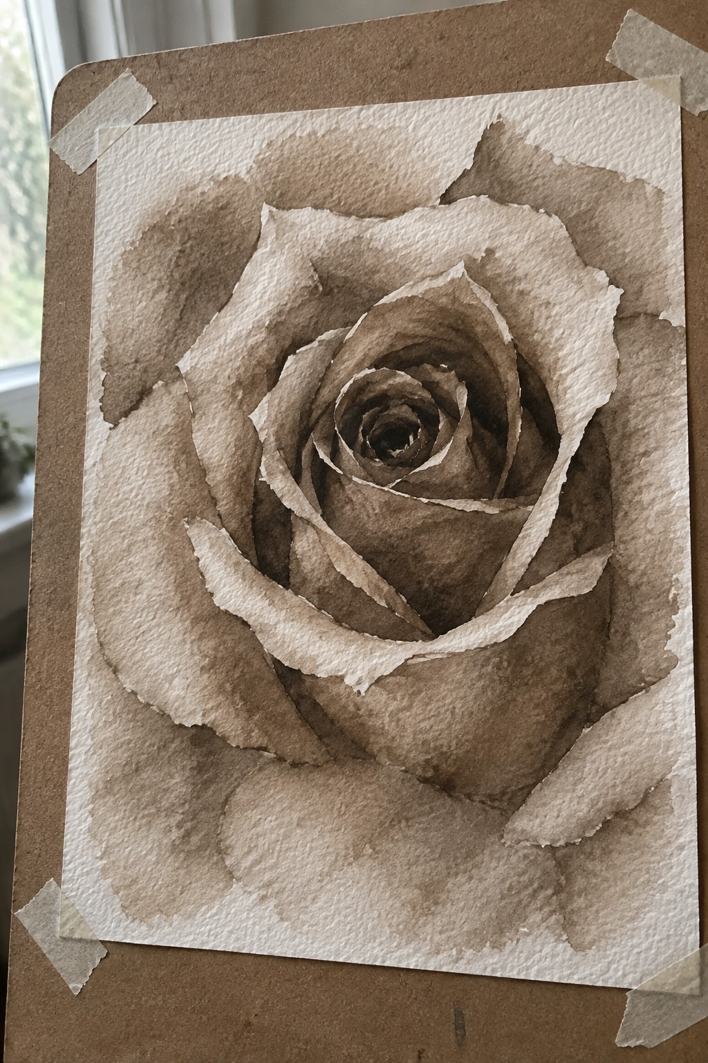 Sepia watercolor rose with layered petals taped to brown board with masking tape