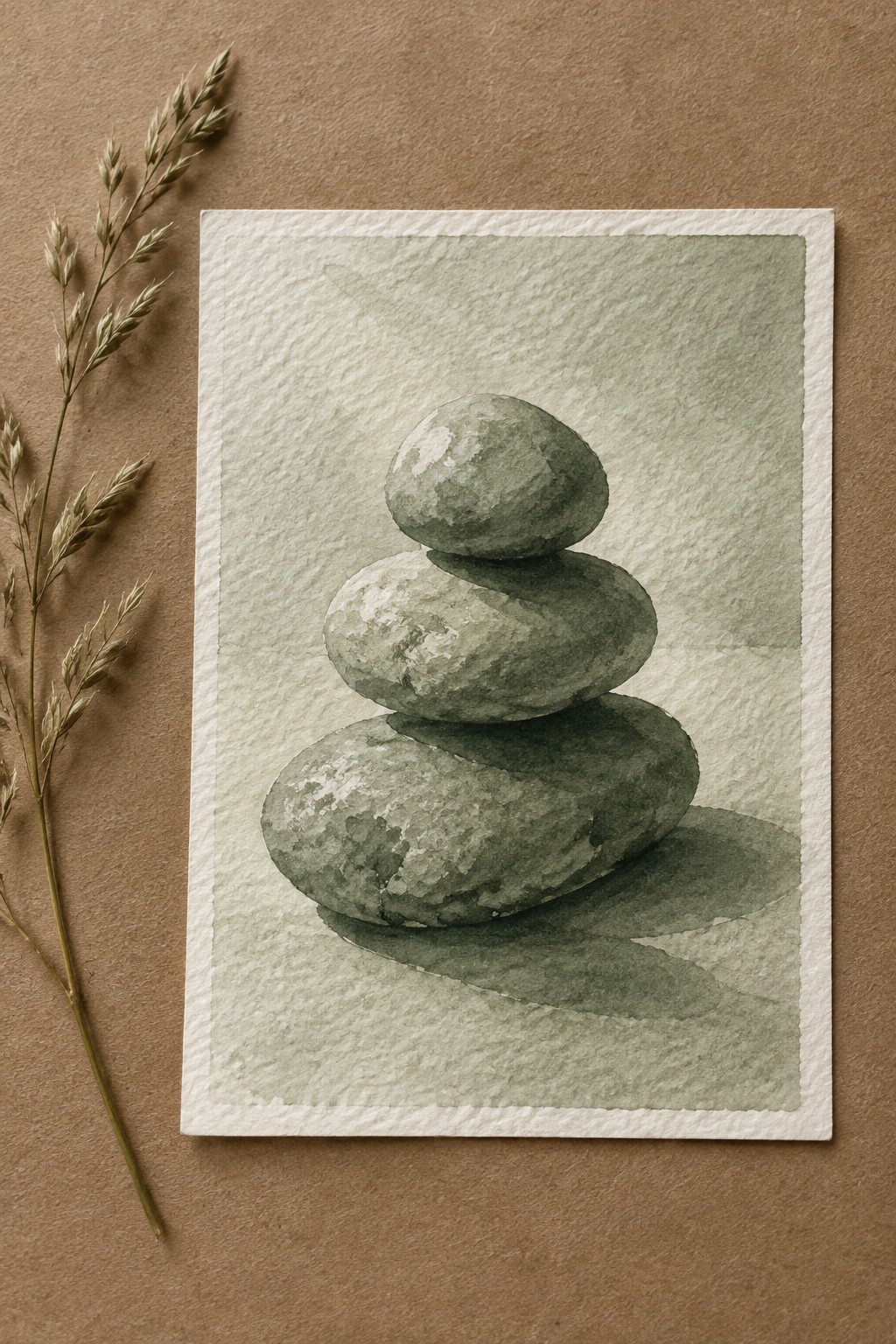 Three stacked gray-green stones in watercolor beside dried grass on brown surface.