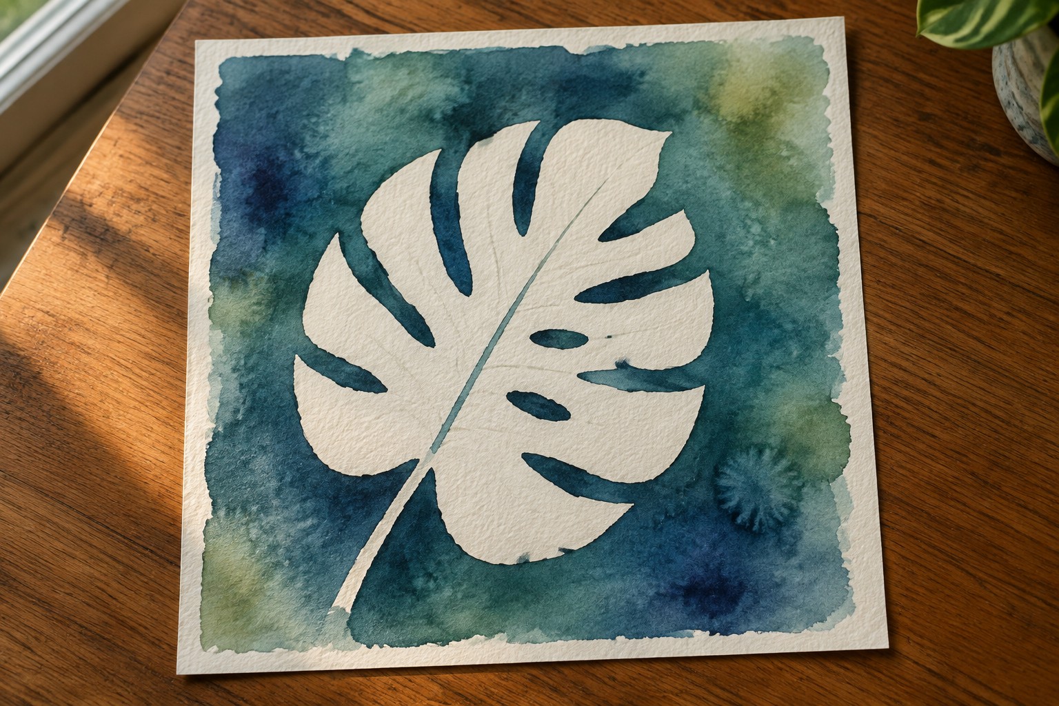 White monstera leaf cutout on blue-green watercolor background over wood