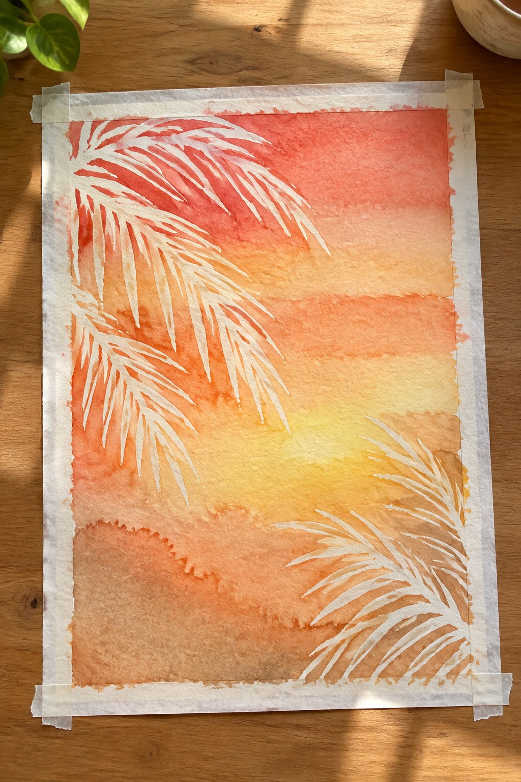Watercolor sunset painting with red-orange gradient sky and white palm frond silhouettes on wood