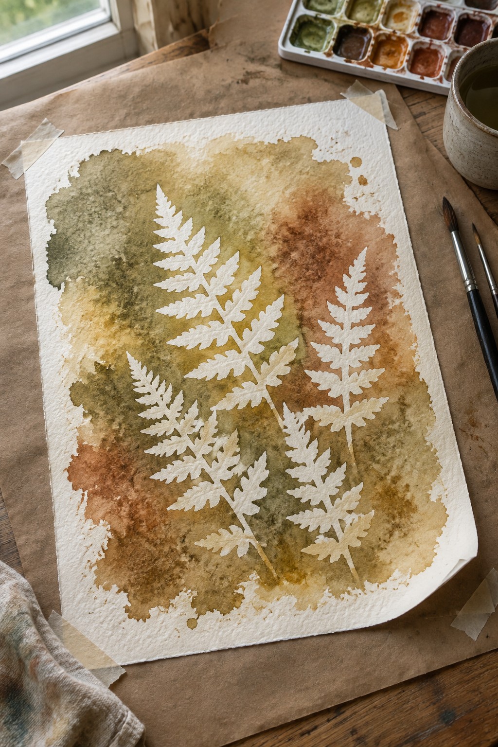 Watercolor painting of white fern silhouettes on a blended background of green, yellow, brown, and orange washes, with paint palette and brushes nearby.