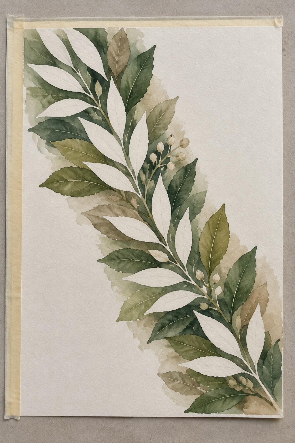 Watercolor painting of a leafy branch with green leaves and white berries