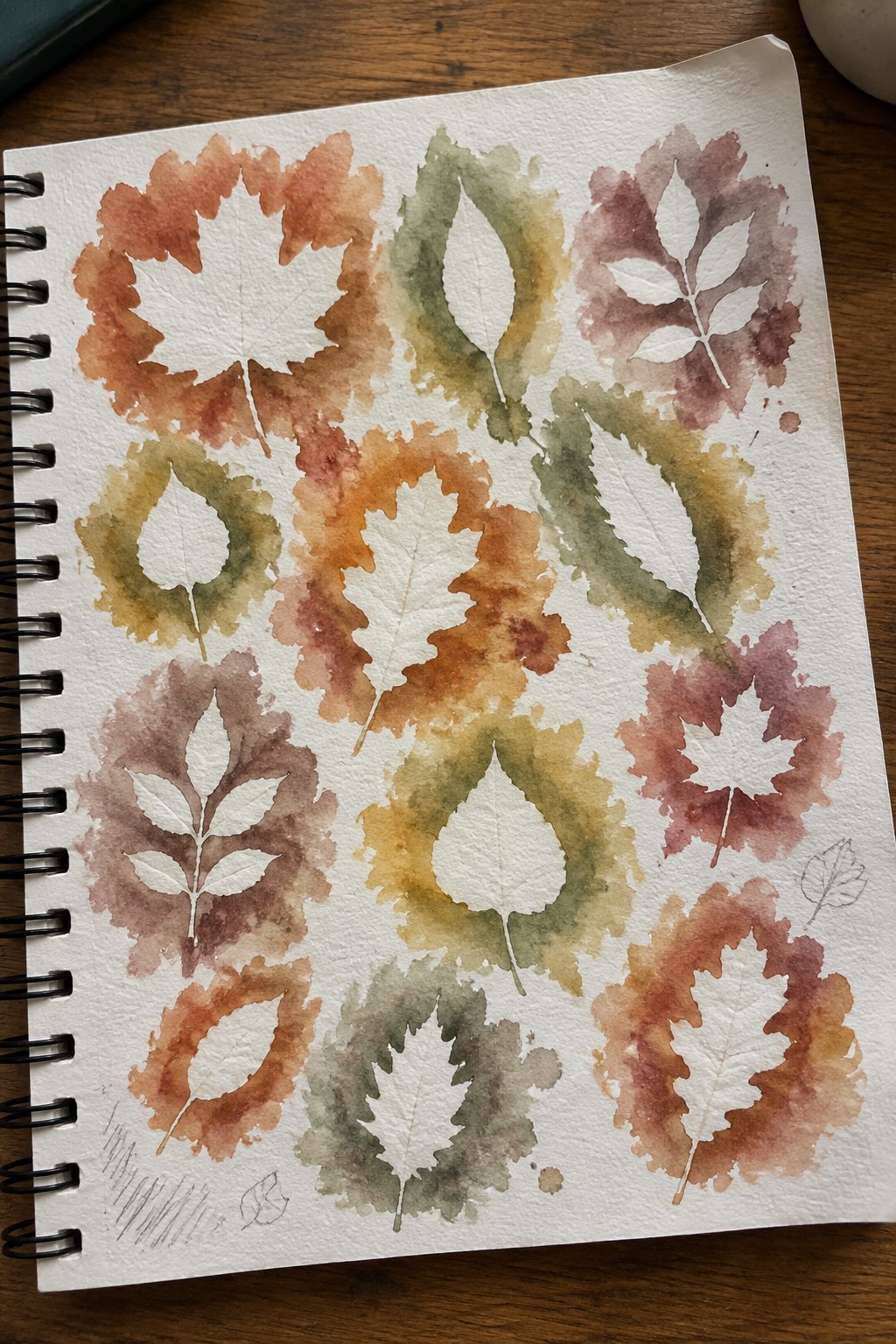 Open sketchbook with vibrant watercolor autumn leaves in warm fall tones