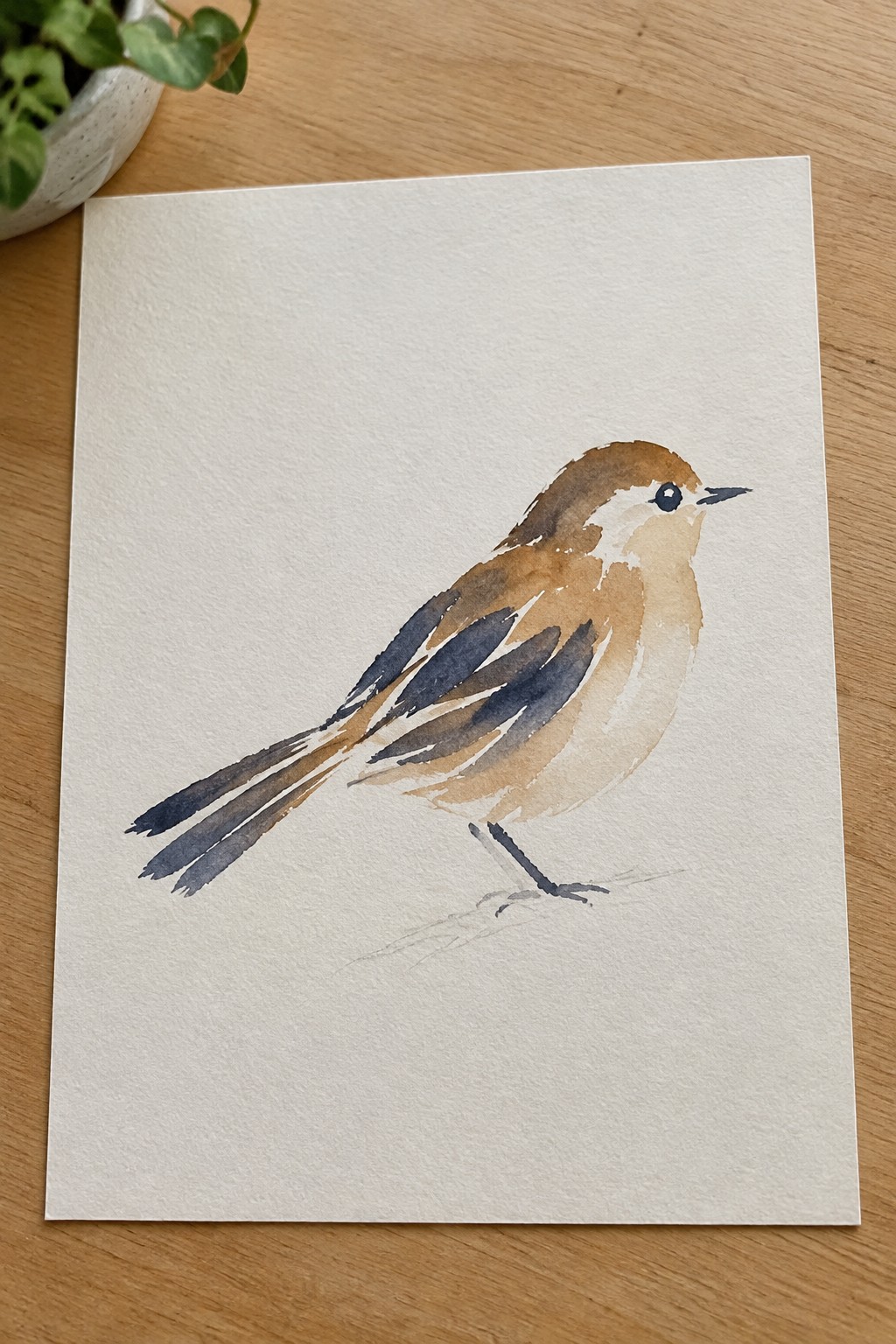 Watercolor painting of a brown and blue bird perched on white paper