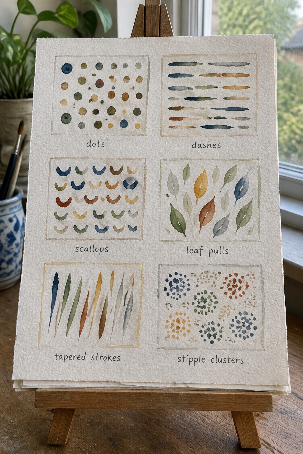 Watercolor practice sheet on easel with six labeled brushstroke technique samples in muted tones