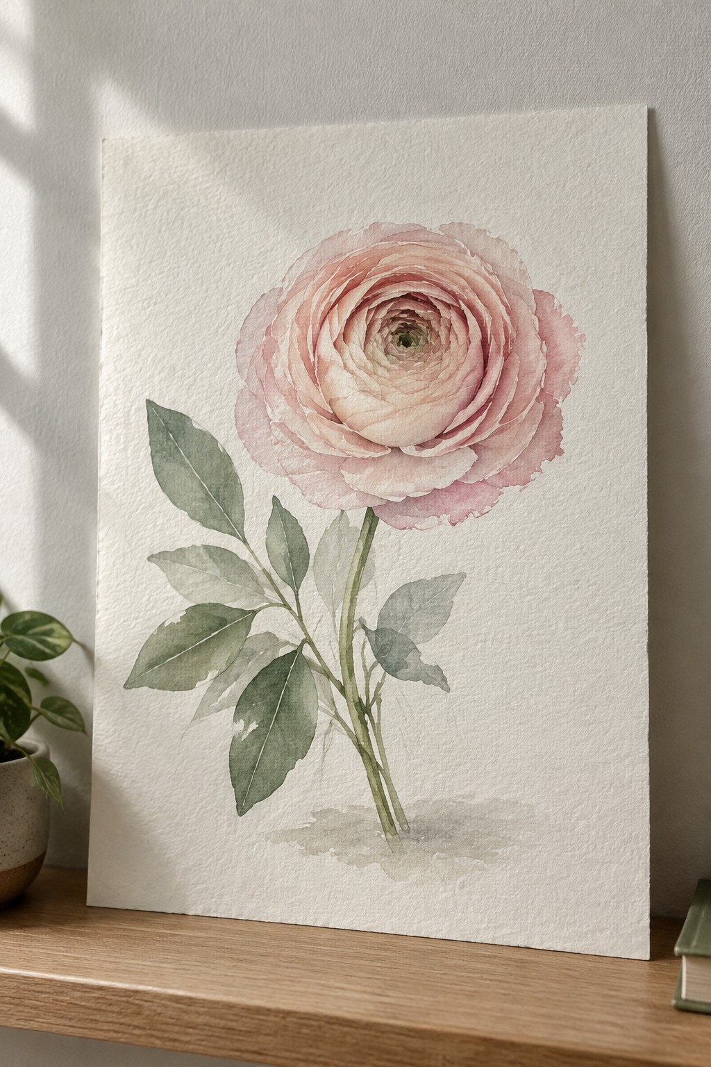 Watercolor of soft pink rose with layered petals, green stem and leaves on white paper