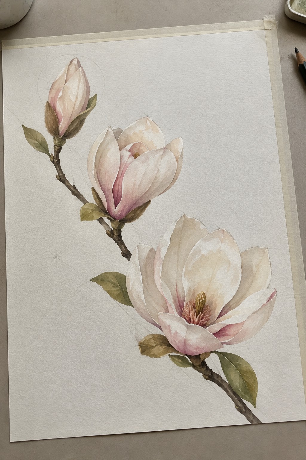 Watercolor magnolias with soft pink and white petals, buds, and green leaves on branches.