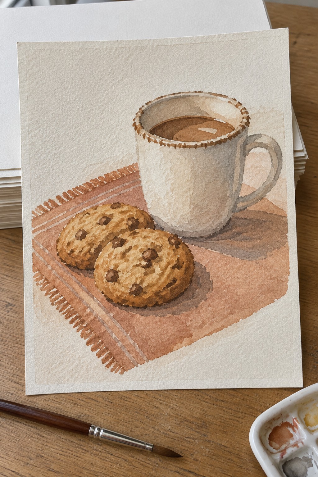 Watercolor of coffee mug and two chocolate chip cookies on striped fringed cloth