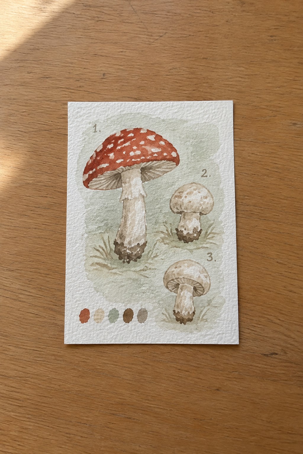Watercolor illustration of three numbered mushrooms with palette on wooden table