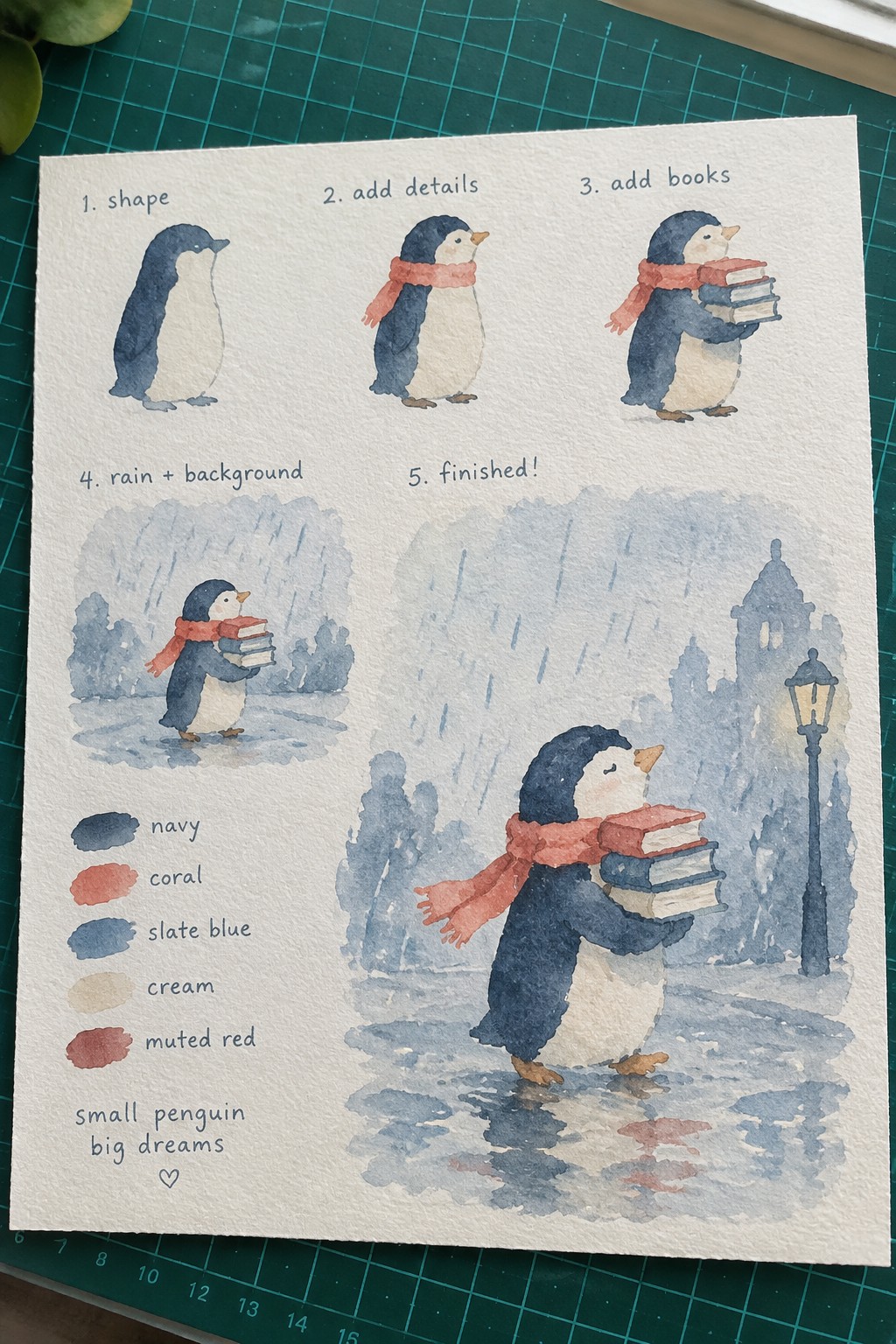 Watercolor tutorial of coral-scarf penguin carrying books in rainy cityscape with lamppost