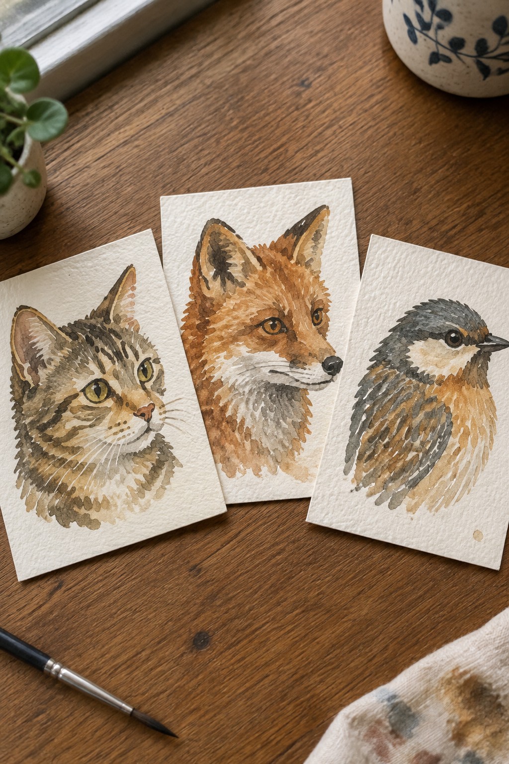 Three watercolor paintings of cat, fox, and bird on wooden table with paintbrush
