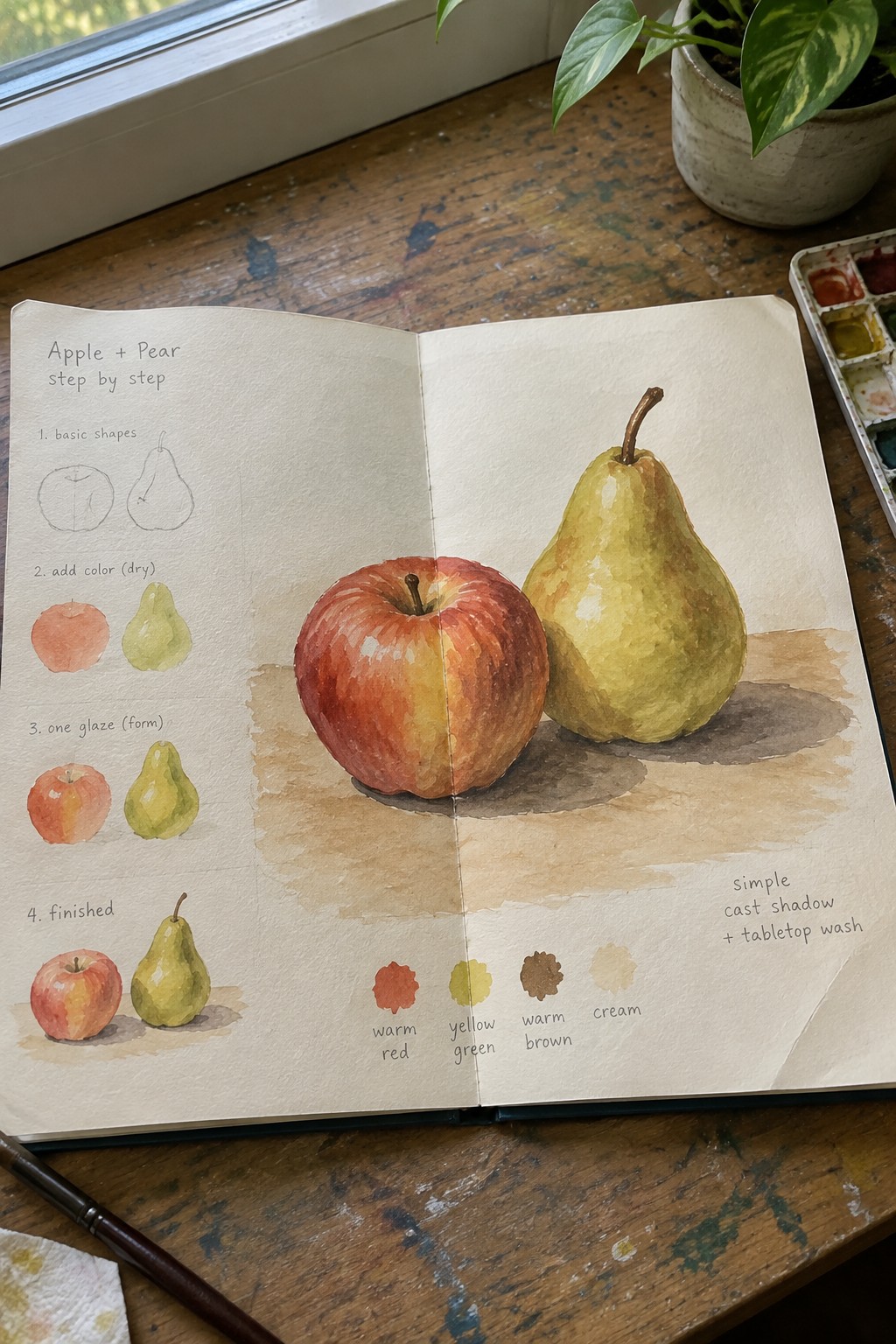 Open sketchbook on wooden table showing step-by-step watercolor apple and pear tutorial with palette