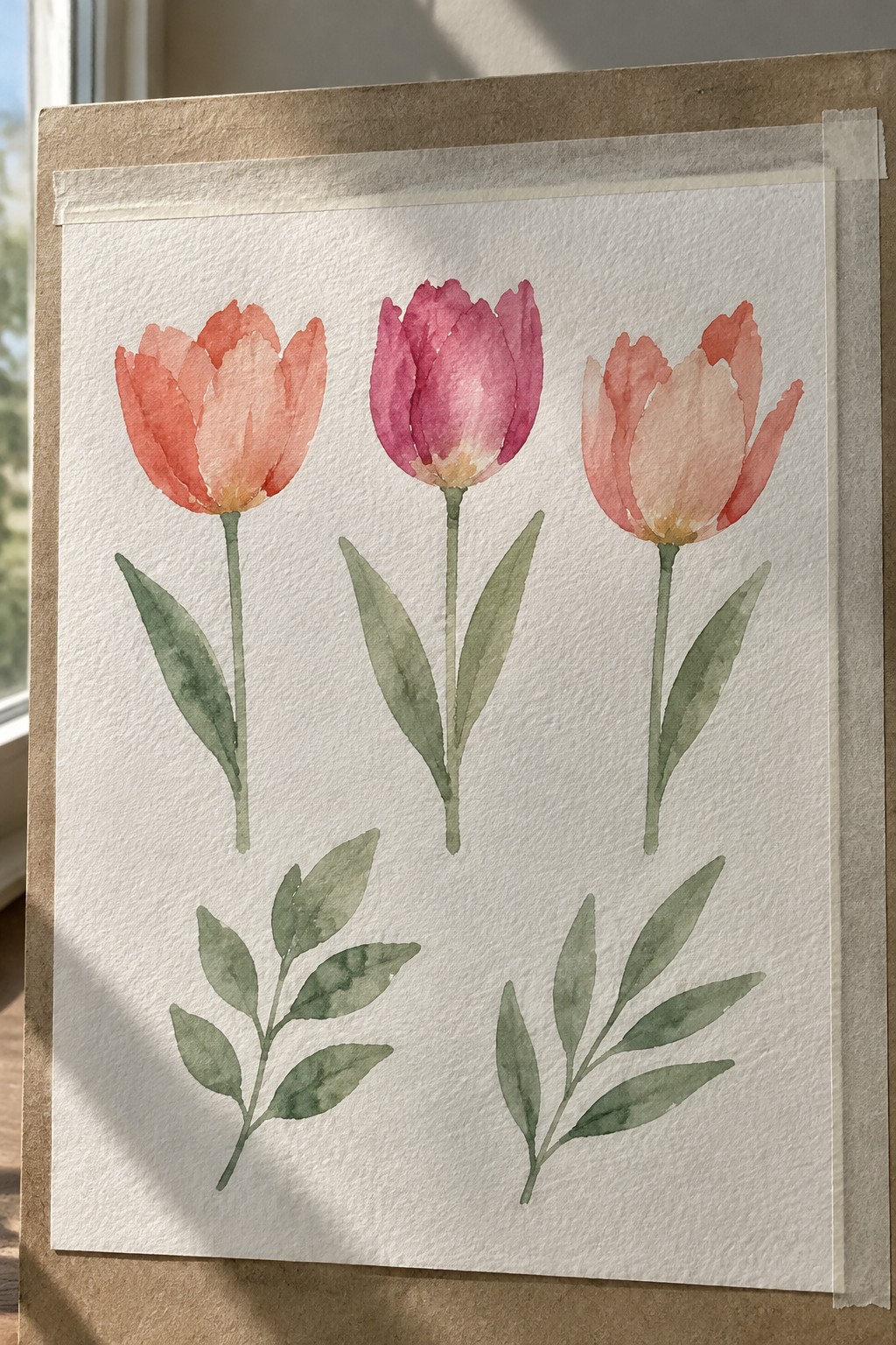 A watercolor painting of three tulips in orange-red, magenta, and light pink with green stems and leaves, plus two separate green leaf branches on white paper.